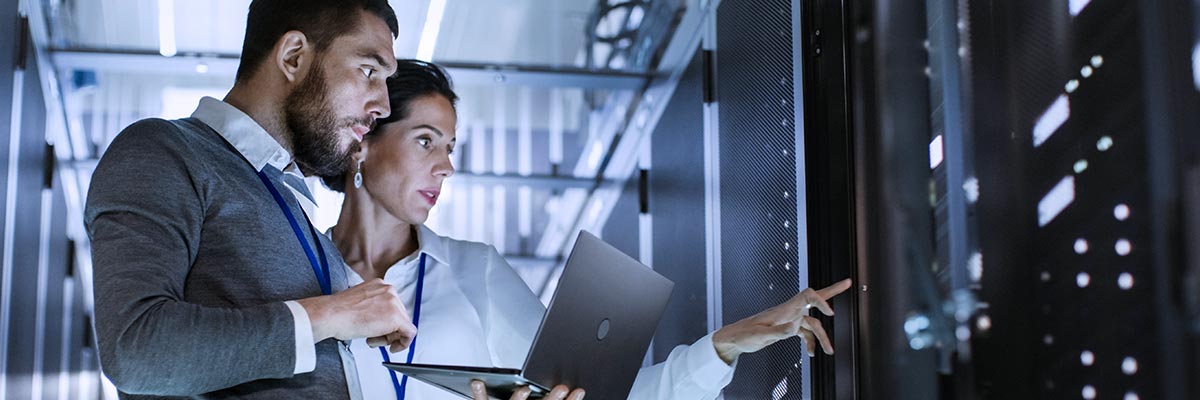 two cybersecurity professionals reviewing security