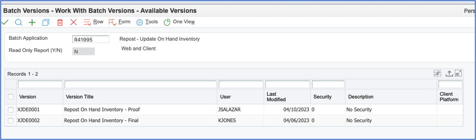 Screenshot of ESU batch versions