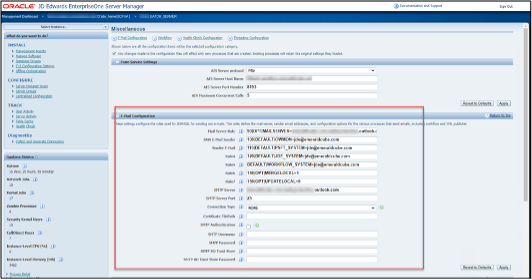 JDE Service Manager screen, email configuration.